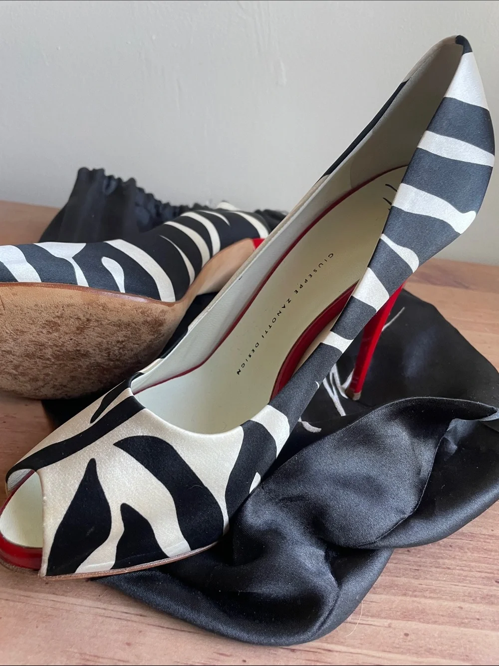 Giuseppe Zanotti Zebra Print Peep-Toe Stilettos - Black & White with Red Soles